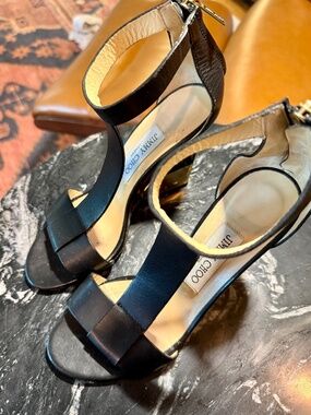 Authentic Jimmy Choo Black Leather T-Strap Sandals - Gold Mirror Wedge